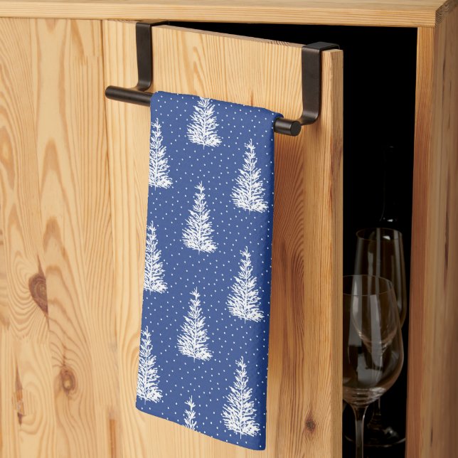 Hand Drawn Snow Covered Tree Pattern Indigo Tea Towel (Thirds Fold)