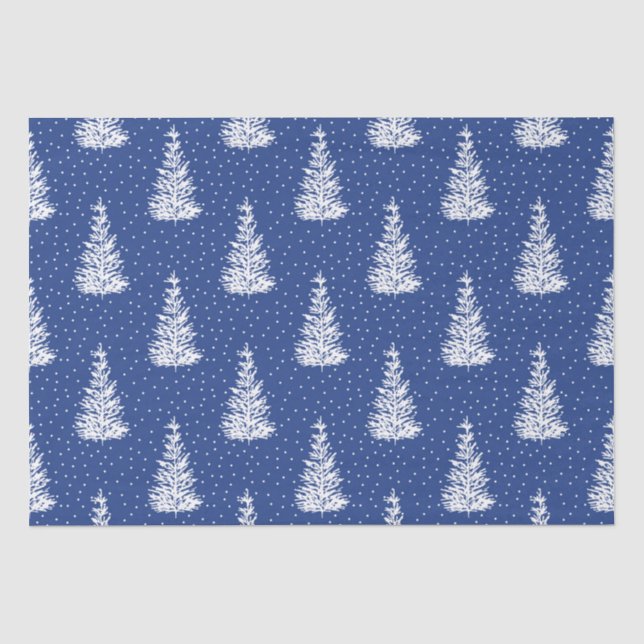 Hand Drawn Snow Covered Tree Pattern Indigo Tissue Paper (Front)