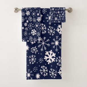 Hand Drawn Snowflake Blizzard With Navy Classic Bl Bath Towel Set