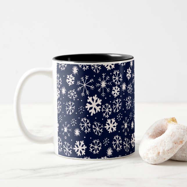 Hand Drawn Snowflake Blizzard With Navy Classic Bl Two-Tone Coffee Mug (With Donut)