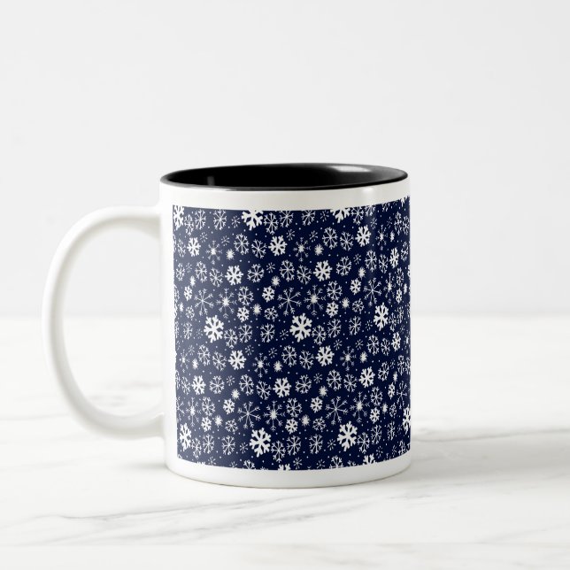 Hand Drawn Snowflake Blizzard With Navy Classic Bl Two-Tone Coffee Mug (Left)