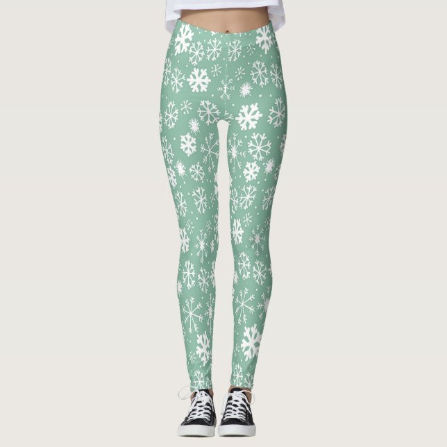 Hand Drawn Snowflake Snowstorm With Green Sherbert Leggings (Front)