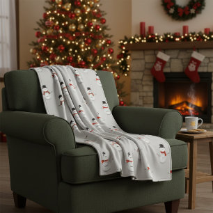 Hand-Drawn Snowmen on Grey Winter Fleece Blanket