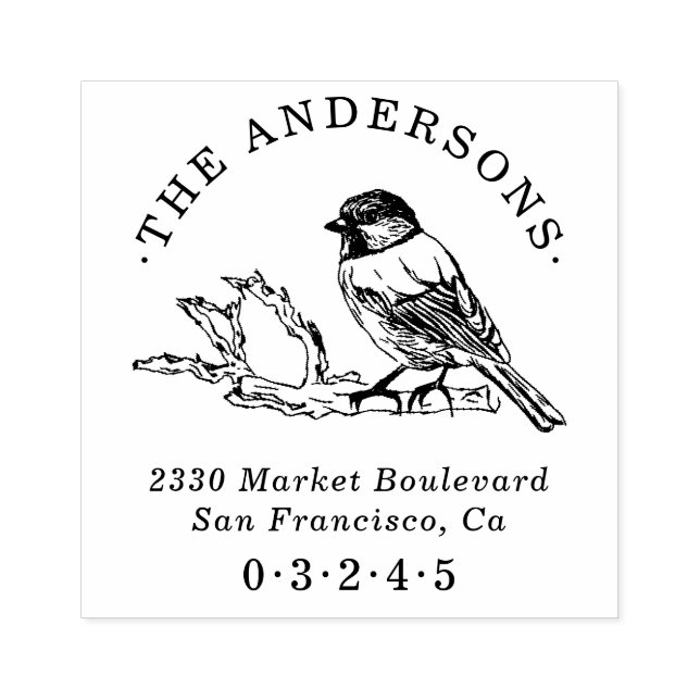 Hand-drawn Sparrow Round Name Return Address Rubber Stamp (Imprint)