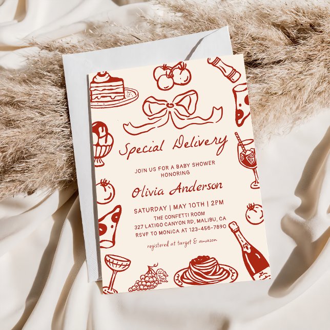 Hand Drawn Special Delivery Pizza Baby Shower Invitation (Creator Uploaded)
