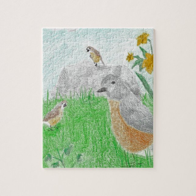 Hand-drawn Springtime Daffodils Robins Jigsaw Puzzle (Vertical)