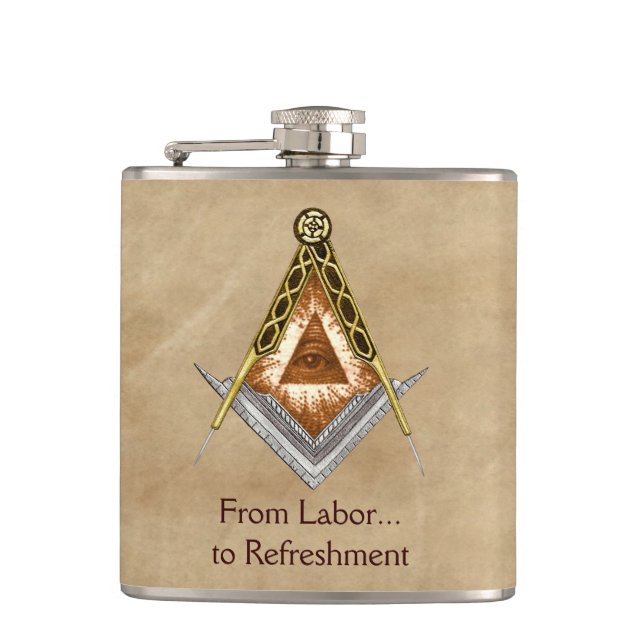 Hand Drawn Square and Compass With All Seeing Eye Hip Flask (Front)