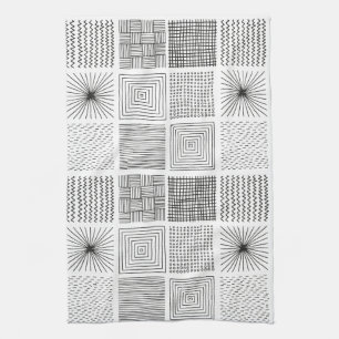 Hand drawn Squares Abstract Black & White B/W Tea Towel