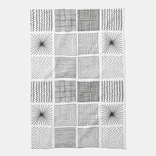 Hand drawn Squares Abstract Black & White B/W Tea Towel (Vertical)