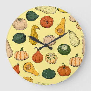 Hand-drawn squashes, seamless vegetable pattern. large clock