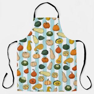 Hand-drawn squashes, striped seamless background. apron