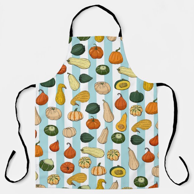 Hand-drawn squashes, striped seamless background. apron (Front)