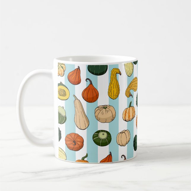 Hand-drawn squashes, striped seamless background. coffee mug (Left)