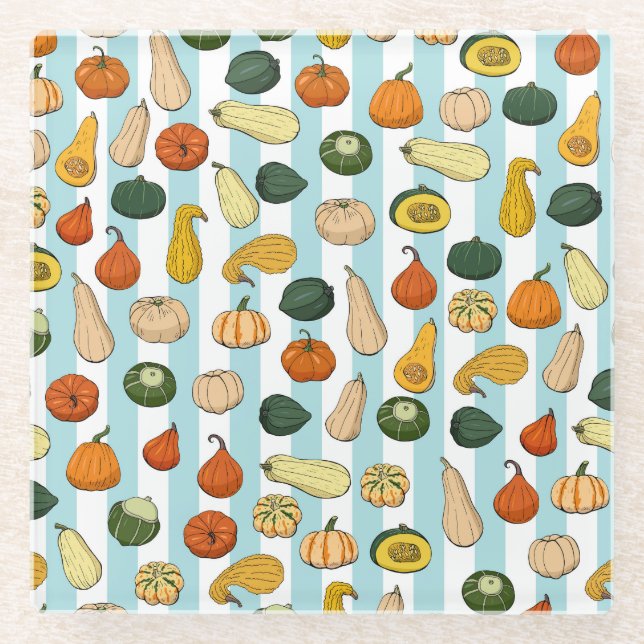 Hand-drawn squashes, striped seamless background. glass coaster (Front)