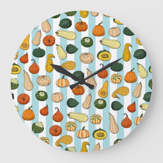 Hand-drawn squashes, striped seamless background. large clock (Front)