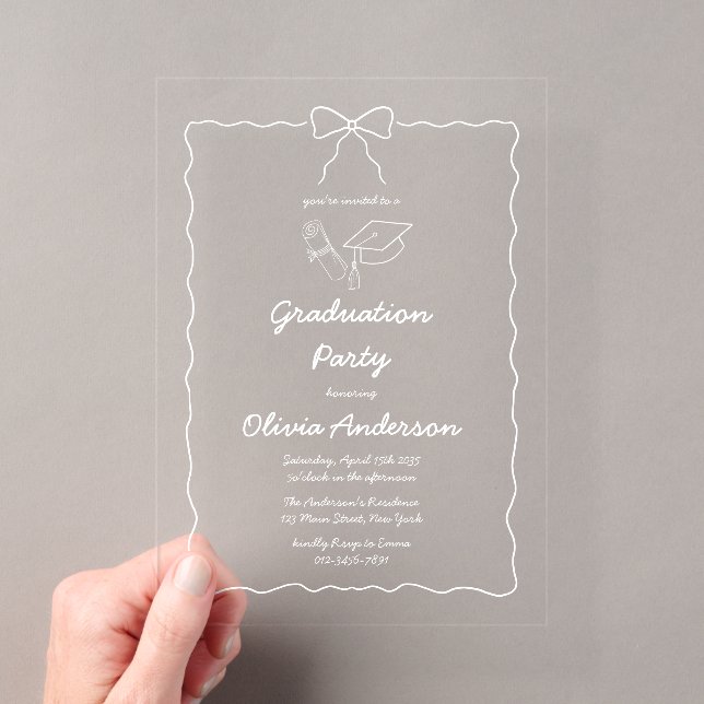 Hand Drawn Squiggle Bow & Script Graduation Party Acrylic Invitations (Insitu (Handheld))