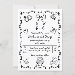 Hand drawn squiggle doodle QR whimsical wedding Invitation
