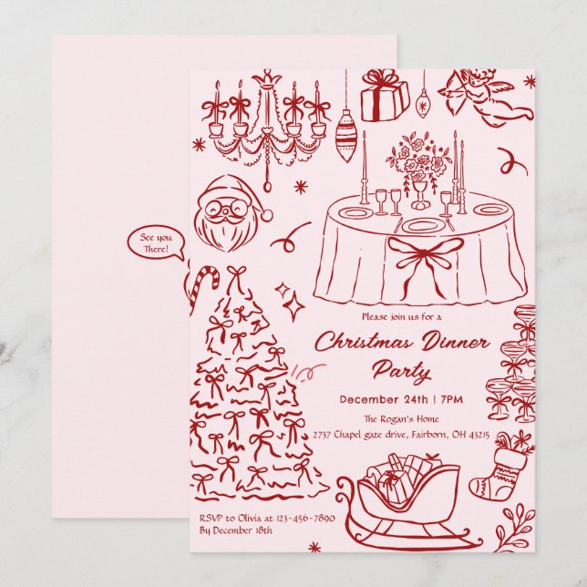 Hand Drawn Squiggle Doodles Christmas Party Invita Invitation (Front/Back)