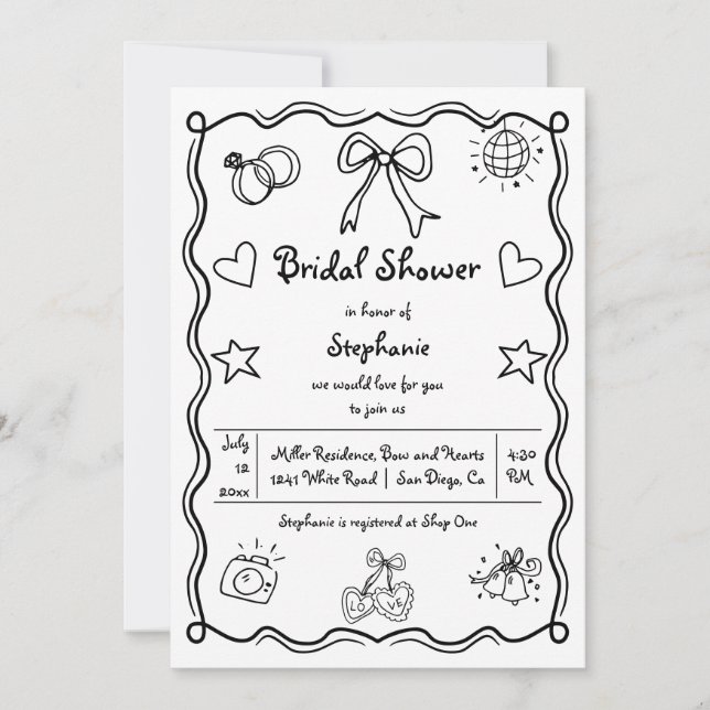  Hand drawn squiggle wavy whimsical bridal shower Invitation (Front)