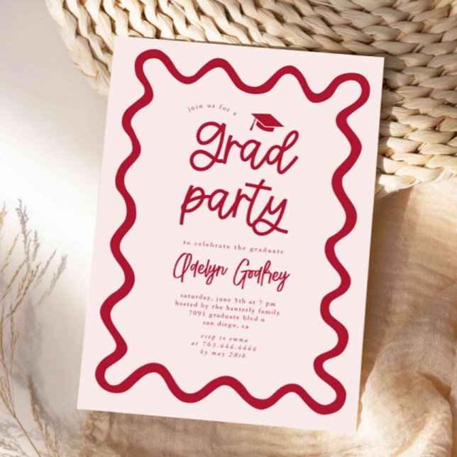 Hand Drawn Squiggly Line Red Graduation Party Invitation (Creator Uploaded)