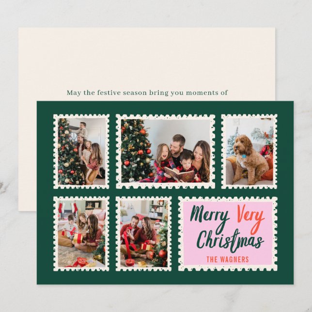 Hand Drawn Stamps Frame 5 Photo Merry Christmas  Holiday Card (Front/Back)