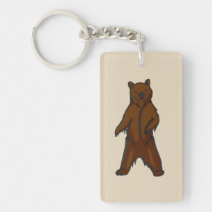 Hand-drawn Standing Brown Grizzly Bear Key Ring