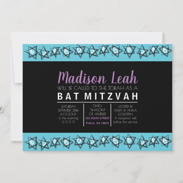 HAND-DRAWN STARS Bar Bat Mitzvah Invitation (Front)