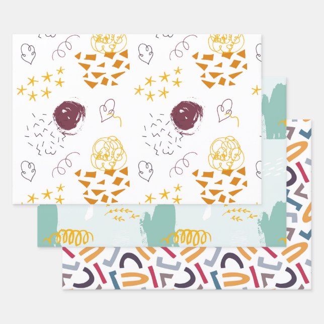 Hand drawn stars mitten letters red green orange wrapping paper sheet (Set)