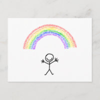 Hand drawn stick man under a rainbow postcard