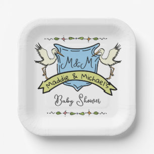 Hand drawn Stork Crest Baby Shower Paper Plate