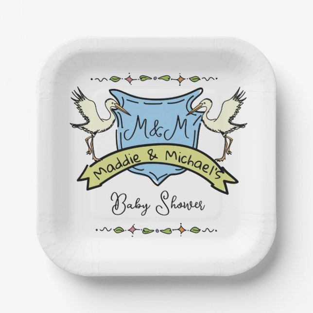 Hand drawn Stork Crest Baby Shower Paper Plate (Front)