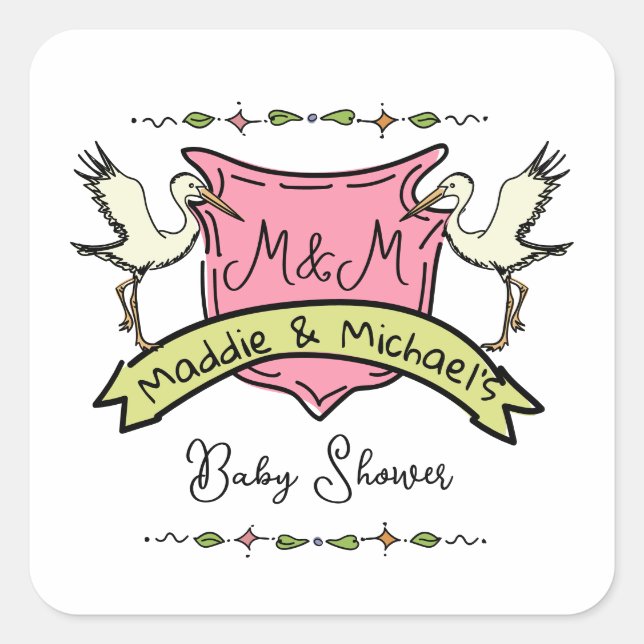 Hand drawn Stork Crest Baby Shower Square Sticker (Front)