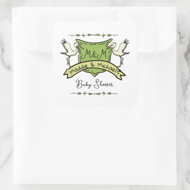 Hand drawn Stork Crest Baby Shower Square Sticker (Bag)