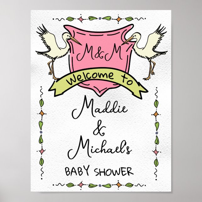 Hand drawn Stork Crest Baby Shower Welcome Sign (Front)
