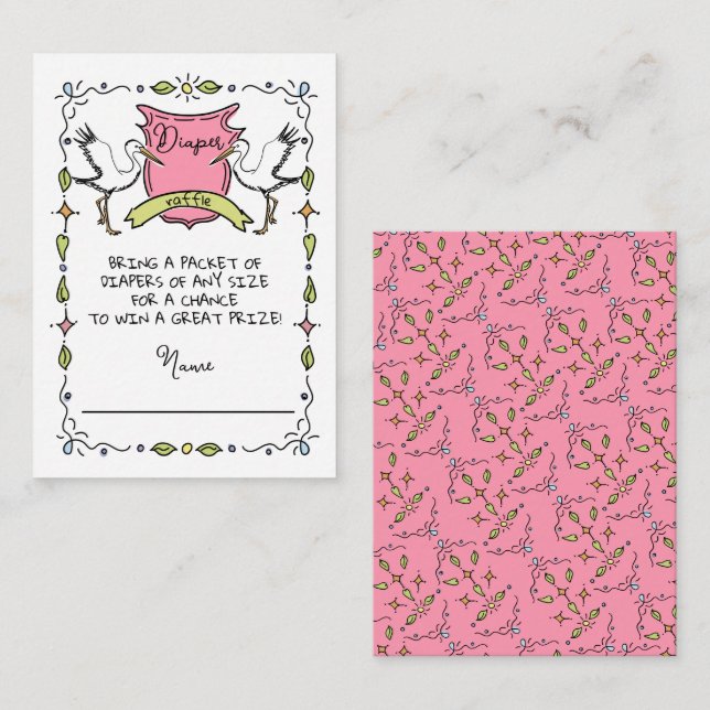 Hand drawn Stork Crest Diaper Raffle card (Front/Back)