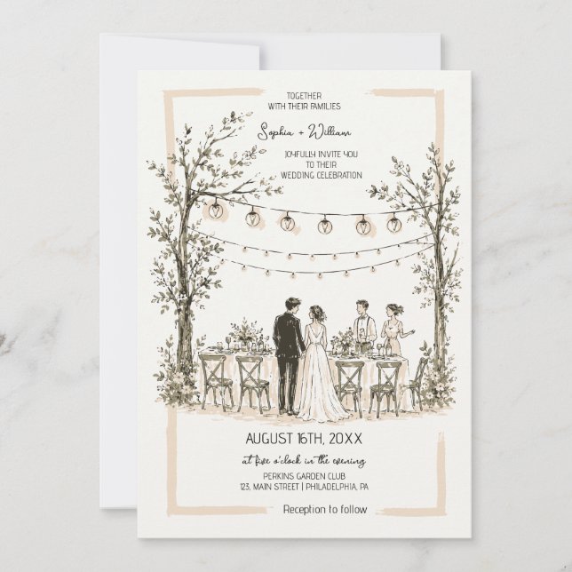 Hand Drawn String Lights Summer Wedding Invitation (Front)