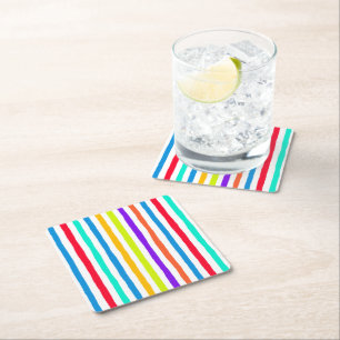 Hand-drawn stripes in bright pop art colours square paper coaster