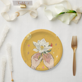Hand Drawn Style Holding Lily Flowers Paper Plate