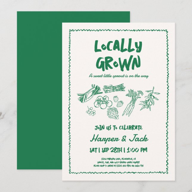 Hand Drawn Style Locally Grown baby shower invite (Front/Back)