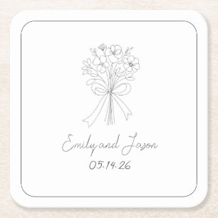 Hand Drawn Style Simple Thin Line Flowers and Bow  Square Paper Coaster