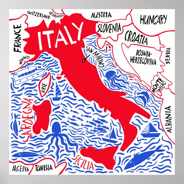 hand drawn stylised map of Italy. Travel illustrat Poster (Front)