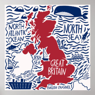 hand drawn stylized map of the United Kingdom. Tra Poster