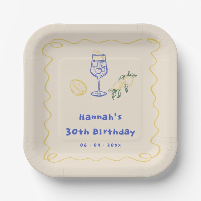 Hand Drawn Summer Adult 30th Birthday Paper Plate (Front)