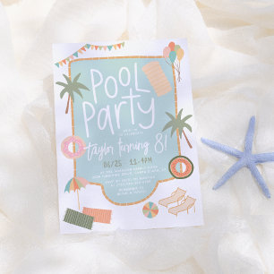 Hand-Drawn Summer Fun Custom Pool Party Birthday Invitation