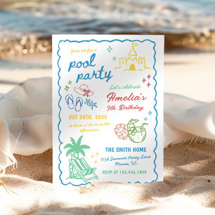 Hand-Drawn Summer Fun Custom Pool Party Invitation
