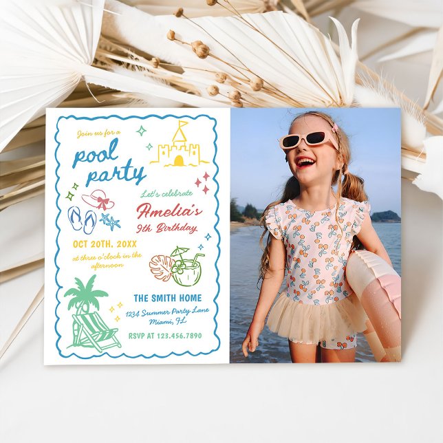 Hand-Drawn Summer Fun Custom Pool Photo Invitation (Creator Uploaded)