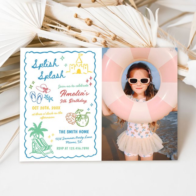 Hand-Drawn Summer Fun Custom Splish Splash Photo Invitation (Creator Uploaded)