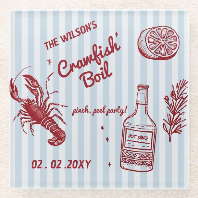 Hand Drawn Summer Seafood Crawfish Boil Party  Glass Coaster (Front)