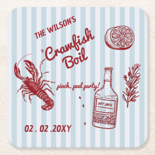 Hand Drawn Summer Seafood Crawfish Boil Party  Square Paper Coaster