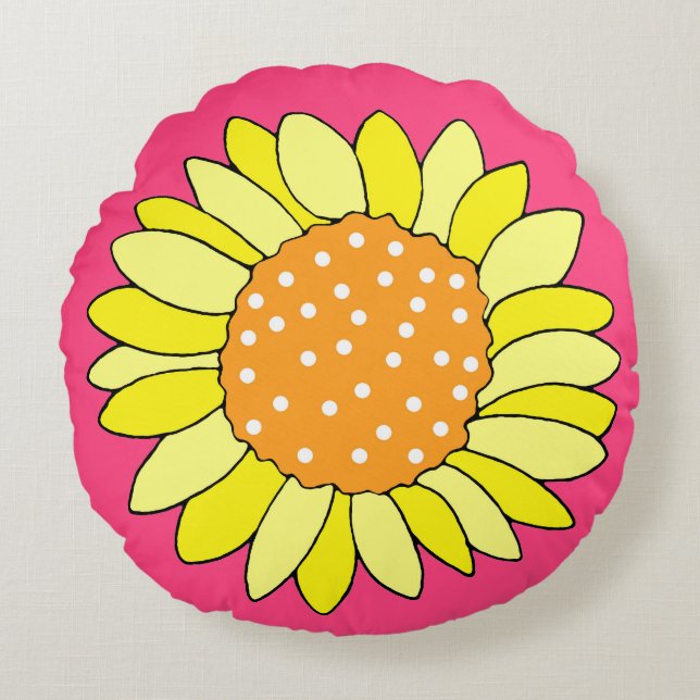 Hand Drawn Sunflower Pink Background Round Cushion (Front)